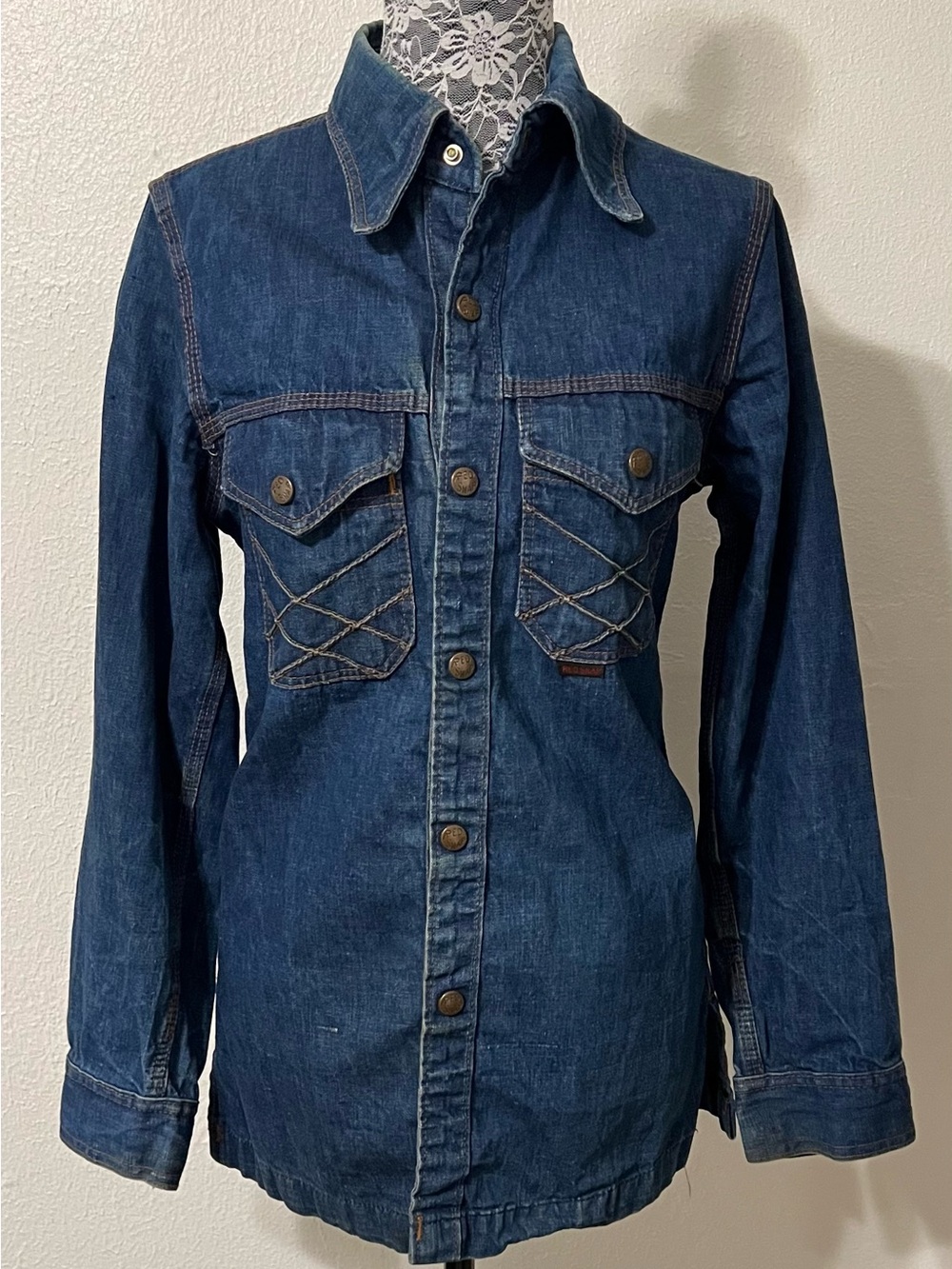Vintage 1970 Red Snap Brand Denim Snap Button Shirt Dark Indigo Denim